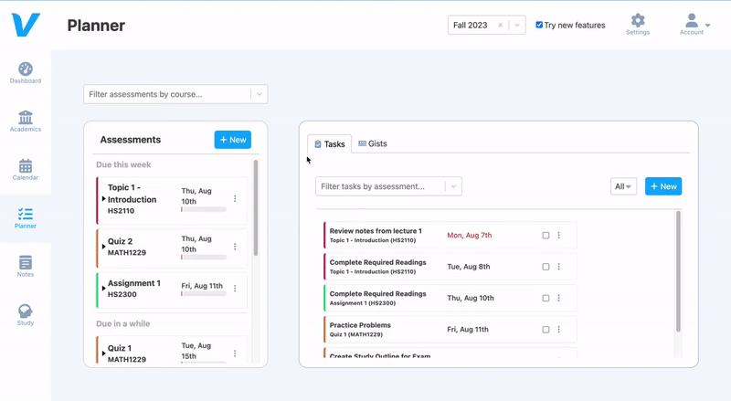 Assessments and tasks in the Vita app